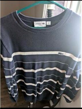 Lacoste Navy and White Striped Crewneck Sweater